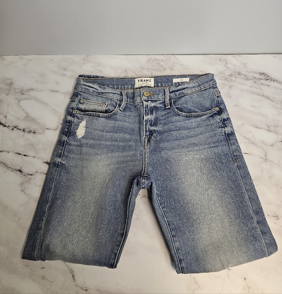 Frame Denim Le Boy High Rise Straight Leg Distressed Blue Jeans 29 Preowned - Picture 5 of 10